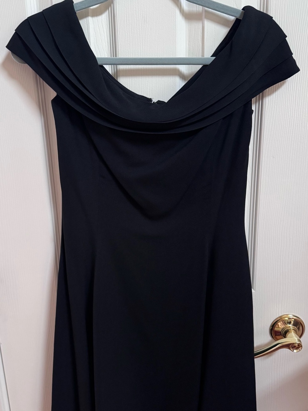 Tahari Black Off-Shoulder Pleated Yoke Dress